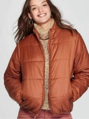 Universal Thread Women's Plus Size Puffer Jacket 2X Rust Brown Quilted Coat Full